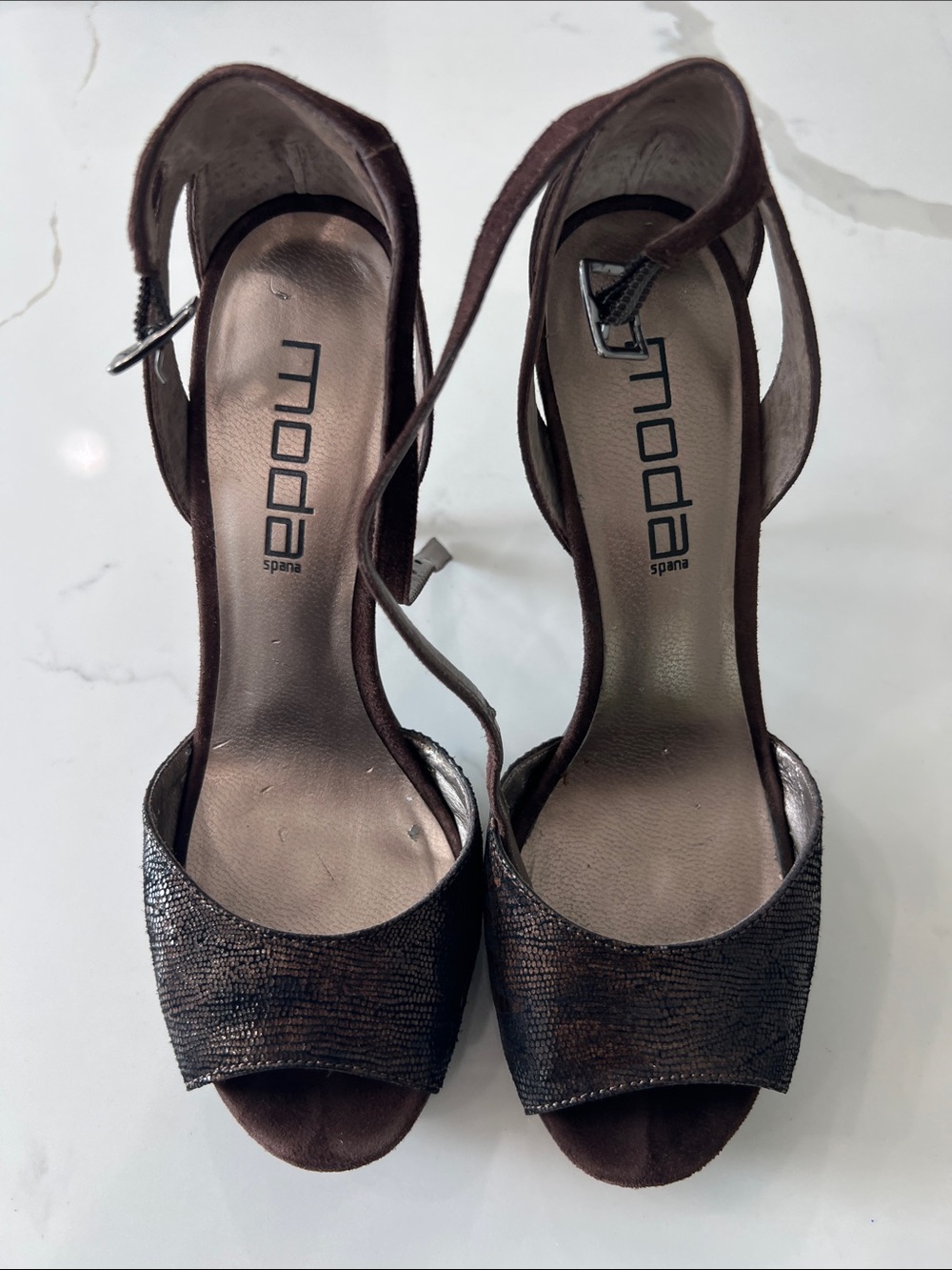 Moda Spana Brown Metallic Textured Strappy Heels